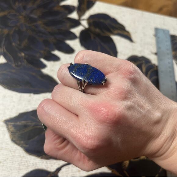 Vintage 925 Sterling Silver and Large Blue Lapis Lazuli Stone Silver Ring D2 - Picture 11 of 14